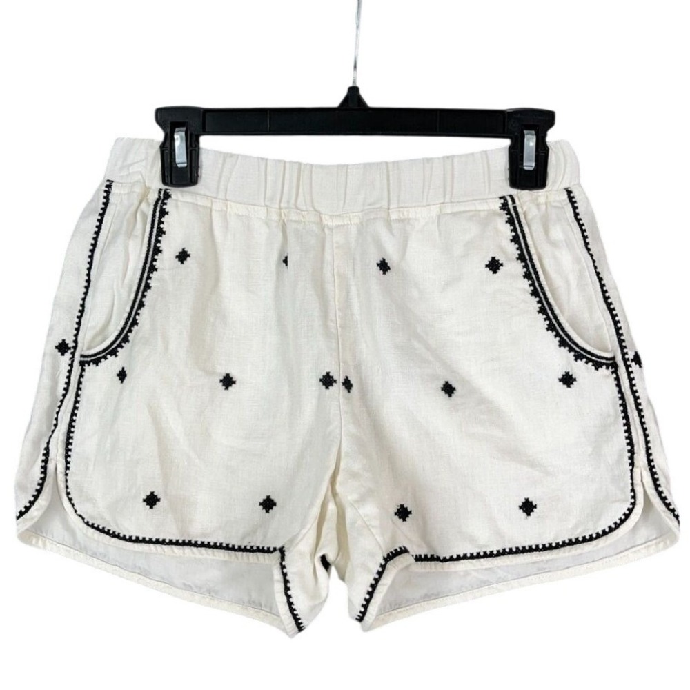 Madewell Embroidered Linen Cotton Pull On Shorts Black Diamond Pattern XS Womens